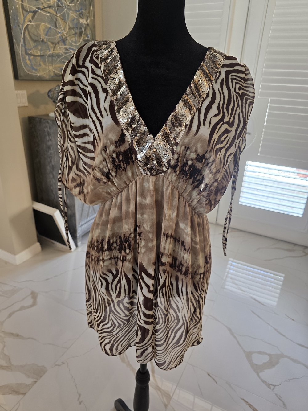 Cache Brown and Cream Sequin-Trim Zebra Print Tunic